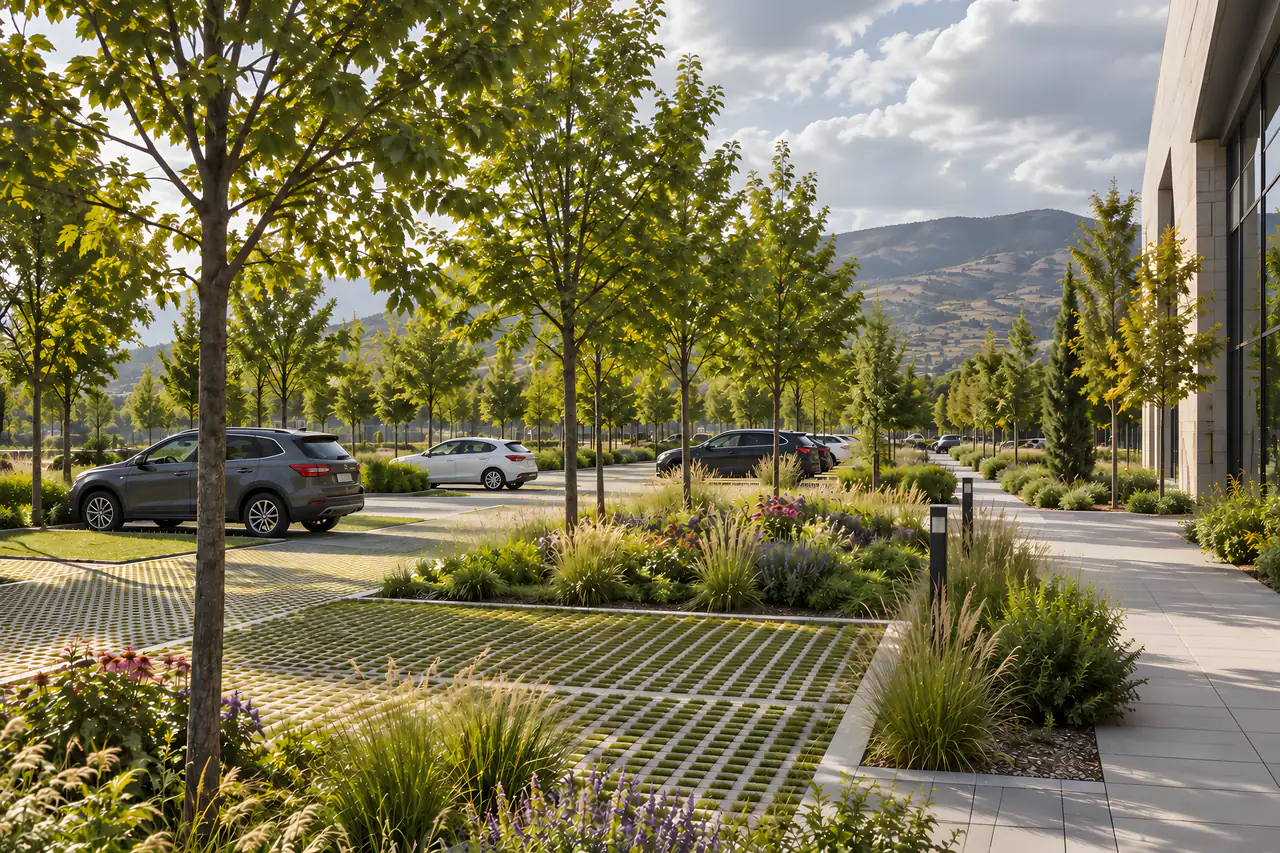 Ağaçlandırılmış bir otopark: çim-beton geçirgen kaplamalı park yerleri, düzenli gölge ağacı dizisi, sıralar arasında süs otlu biyolojik hendekler