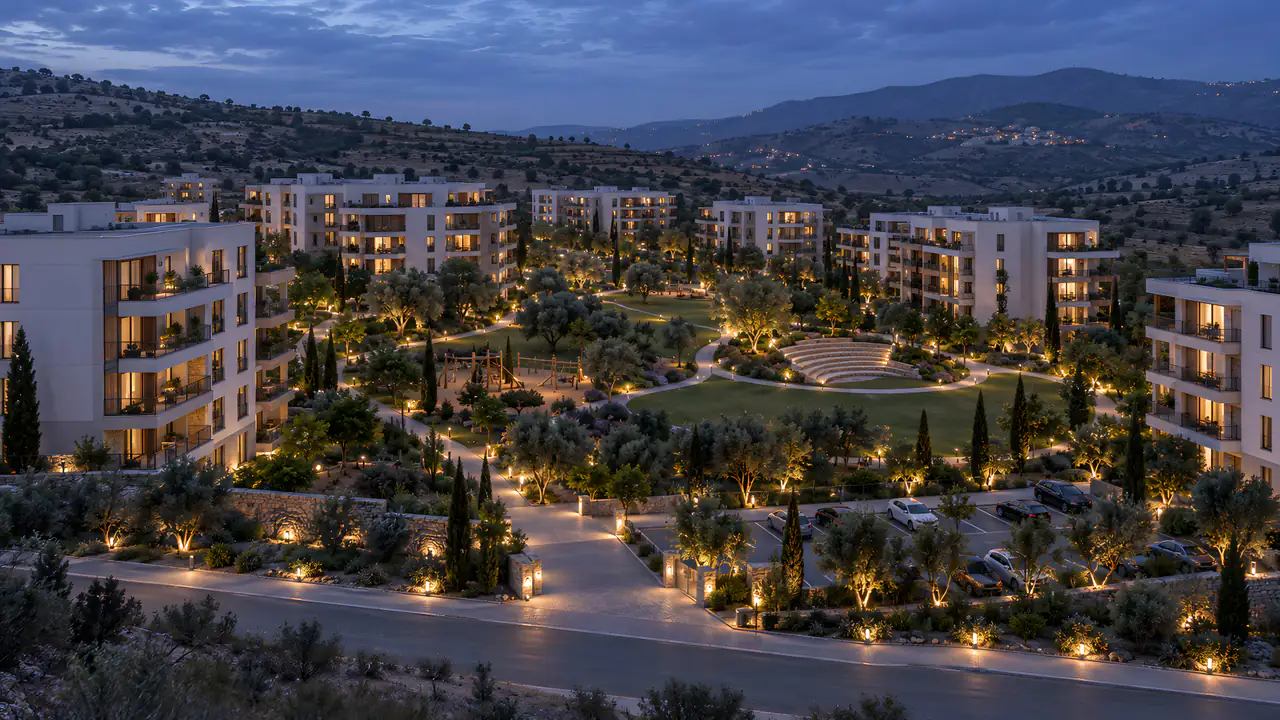 Mavi saatte orta katlı açık renk bloklardan oluşan bir konut sitesinin eğik havadan görünüşü: ortada yürüyüş halkası, çim alanlar ve ağaç gruplarıyla büyük bir park, doğal oyun alanı, küçük taş amfi, ağaçlı giriş aksı ve ağaçlandırılmış otopark; pencerelerde ve yollarda yumuşak ışıklar