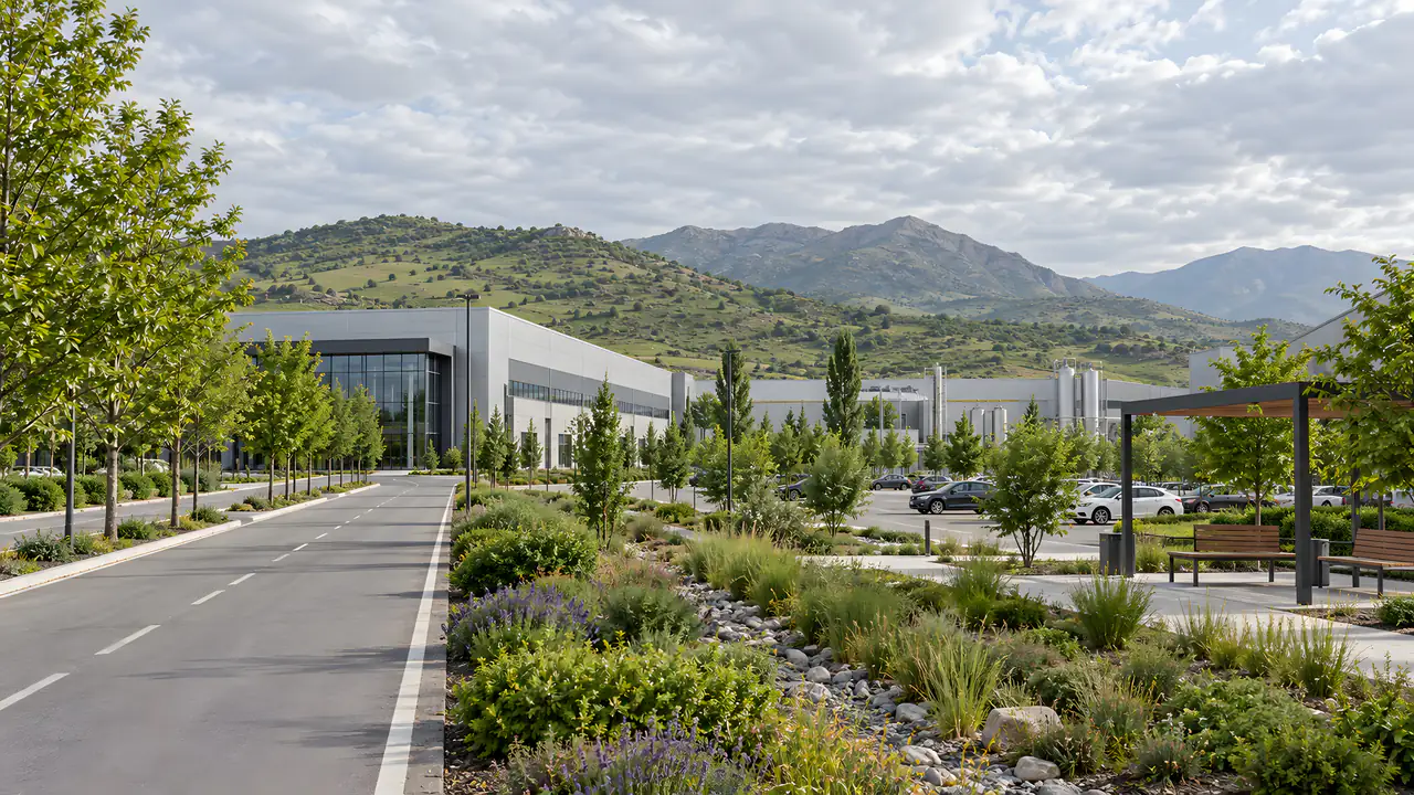 Modern bir fabrika kampüsünün peyzajı: temiz cepheli endüstriyel bina, ağaçlı giriş yolu, otopark boyunca geniş bitkili yağmur hendekleri ve çalışanlar için banklı gölgeli dinlenme alanı