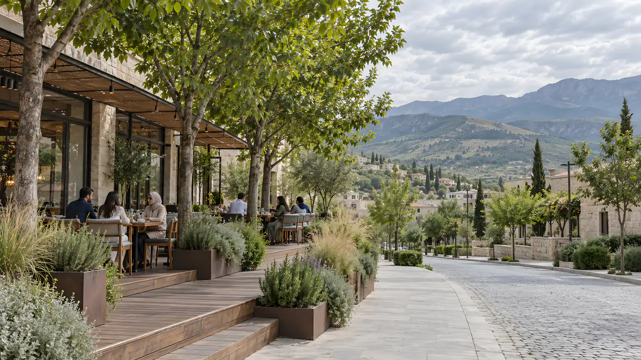 Ticari bir bölgede restoran terası: gölge ağaçları sırasının altında sade masalı ahşap deck, sokağa doğru kenarı tanımlayan süs otu ve aromatik bitki saksıları