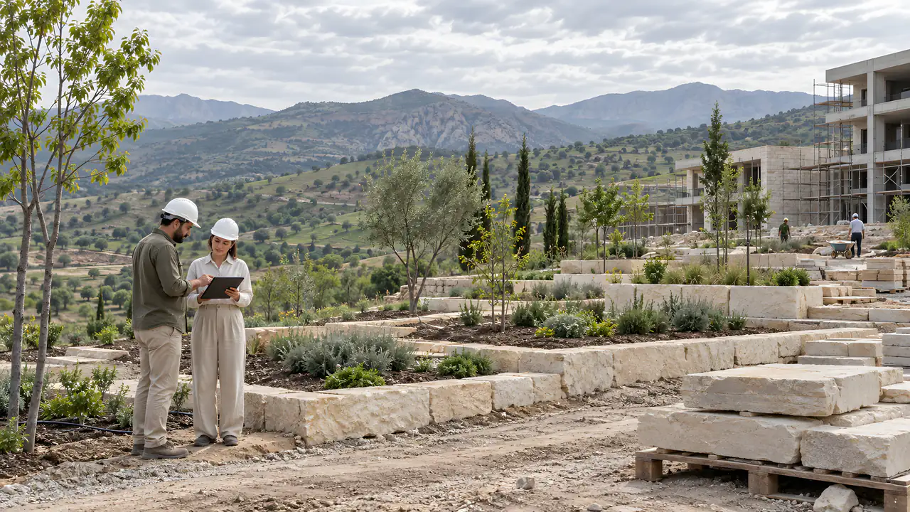 Bir peyzaj şantiyesinde saha toplantısı: baretli iki kişi, bir mimar ve bir peyzaj mimarı, yeni tesviye edilmiş bahçe teraslarının ve istiflenmiş kireç taşı plakaların yanında tabletteki çizimleri inceliyor
