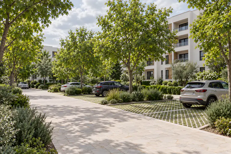 Ağaçlı otopark: çim taşlı geçirgen park yerleri, park sıraları arasında gölge ağaçları, açık renk taş yol ve arkada beyaz bir blok
