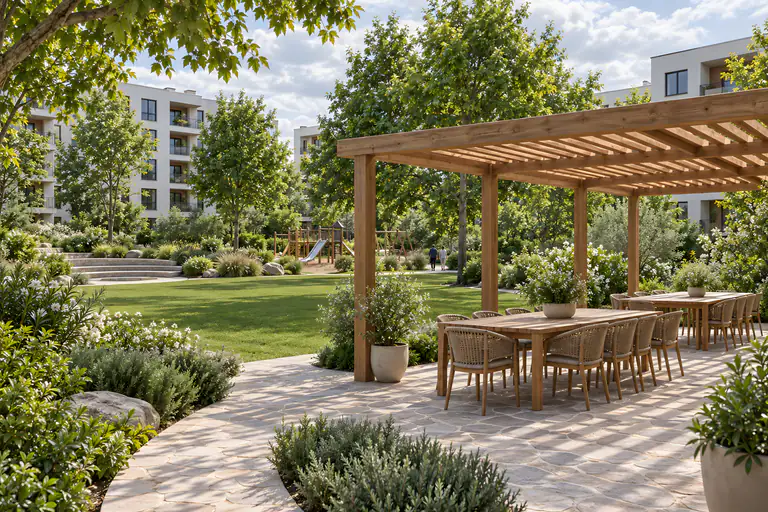 Çimin kenarında ahşap pergola terası: çıtaların çizgili gölgesi altında taş zeminde iki uzun ortak masa