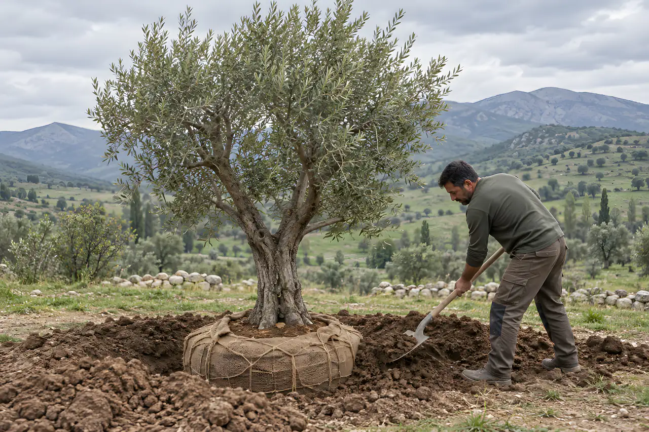 Dikim çukuruna yerleşmiş olgun bir zeytinin çevresini kürekle dolduran bir bahçıvan; kök topunun üstü toprak seviyesinde
