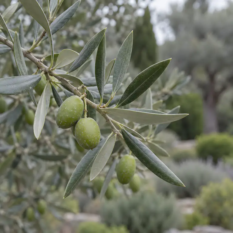 Zeytin dalı: dar gümüşi yeşil yapraklar ve birkaç yeşil zeytin