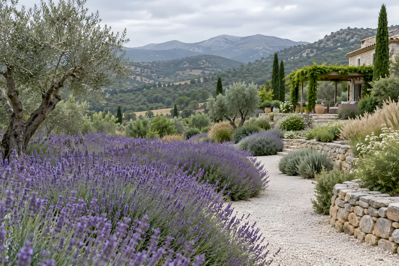 Yazın bir villa bahçesinde açık renk çakıl yol boyunca çiçekteki lavanta kümeleri, zeytinler, süs otları ve kuru taş duvar