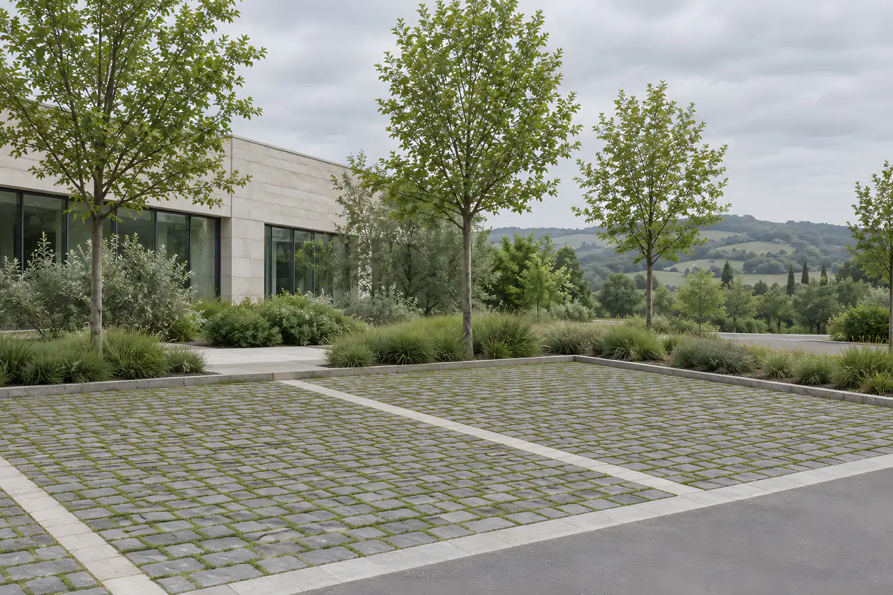 Çim derzli küp taşla döşenmiş geçirgen bir otopark; açık renkli taş şeritlerle ayrılmış park yerleri, genç ağaçlar ve alçak bir bina