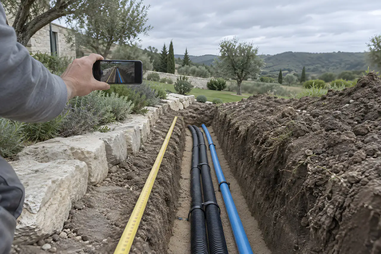 Açık bir hendeğin içinde kum yatağa döşenmiş siyah kılıflar ve mavi sulama borusu, kenarında sarı şerit metre; bir el, hendek kapanmadan önce telefonla fotoğraf çekiyor