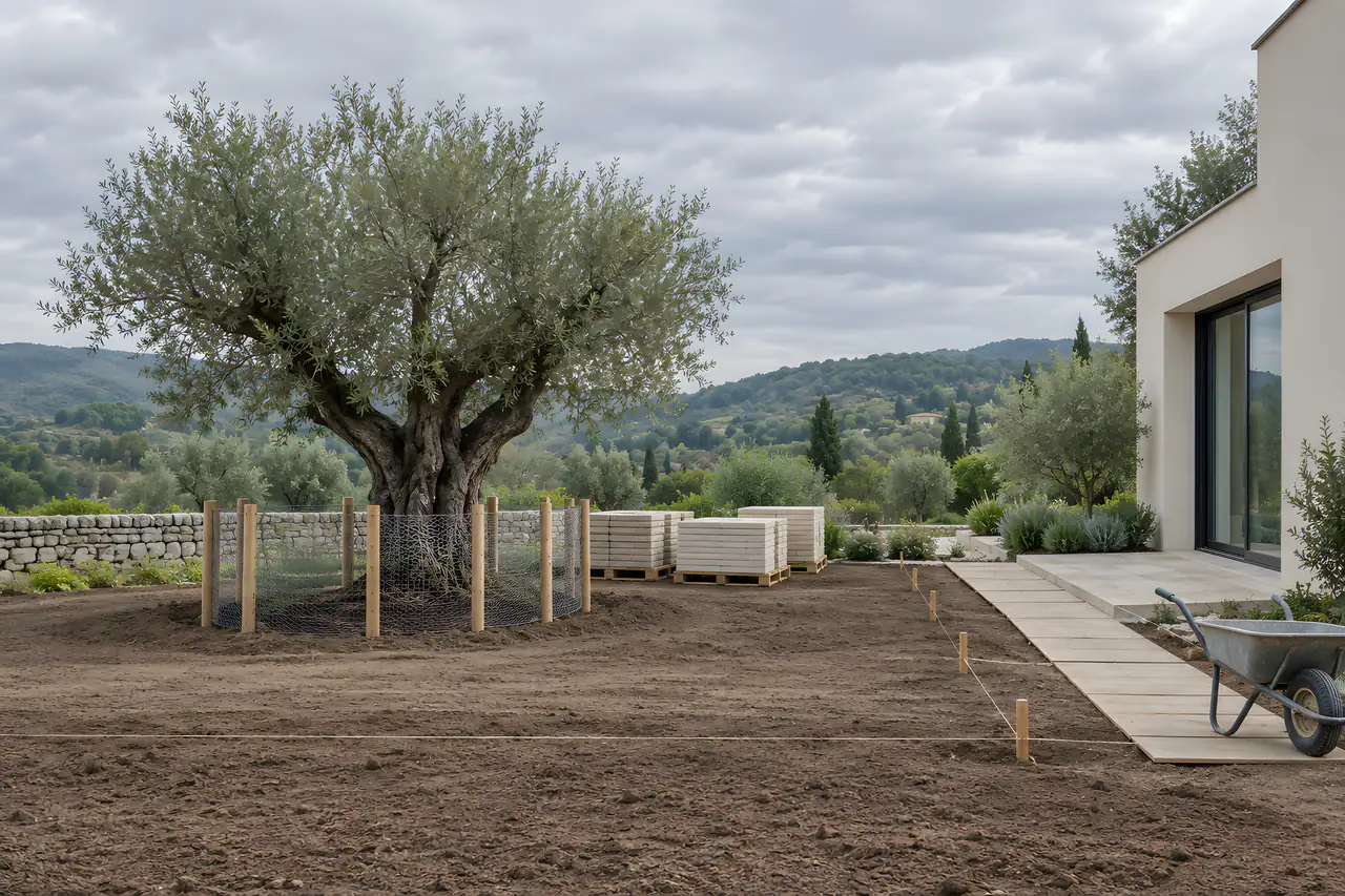 Bulutlu bir sabah, peyzaj uygulaması başlamış bir villa bahçesi: kök bölgesi ahşap direkli tel çitle korunan yaşlı bir zeytin, arkada düzgün istiflenmiş taş paletleri, evin cam kapısına giden tahta geçiş yolu, kazıklara gerilmiş ipler ve tesviye edilmiş toprak