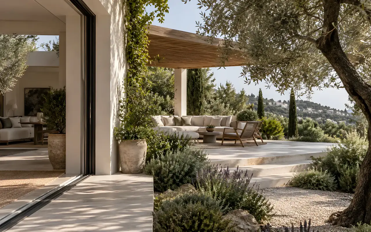 Kireç taşı bir evin içinden dışarı uzanan gölgeli teras: ahşap pergola altında keten minderli oturma grubu, zeytin dalları, lavanta ve kayalarla çevrili basamaklar
