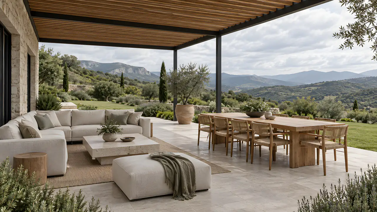 Villa terasında dış mekân oturma odası: ince çelik ve meşe çıtalı pergola altında keten kanepe, sekiz kişilik uzun meşe masa, saksıda zeytin ve arkada çim alan